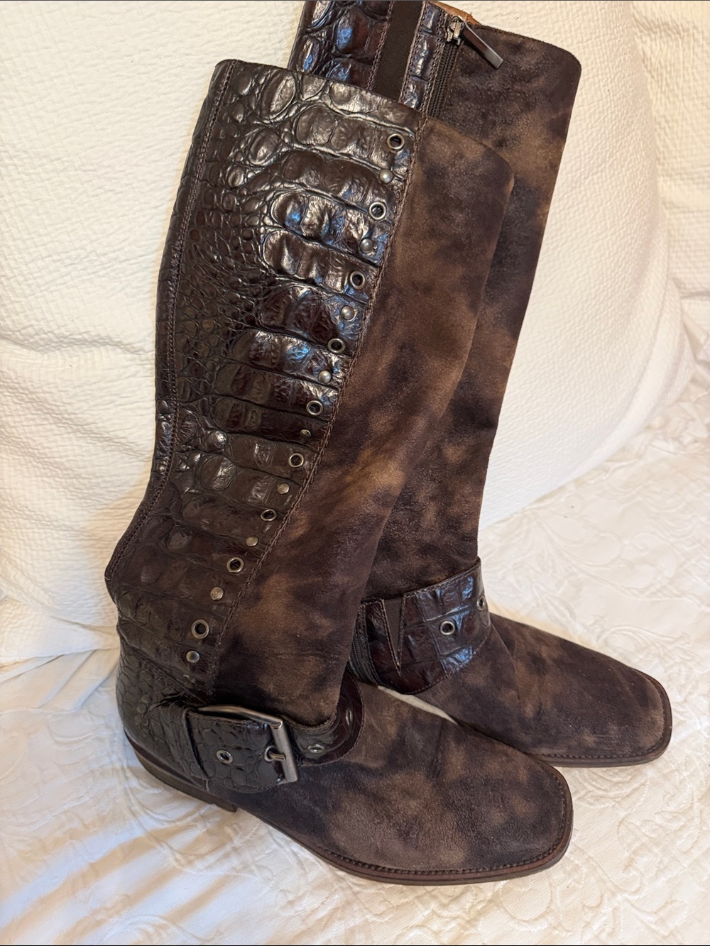 Donald J. Pliner Brown Suede Tall Boots with Embossed crocodile embossed Leather